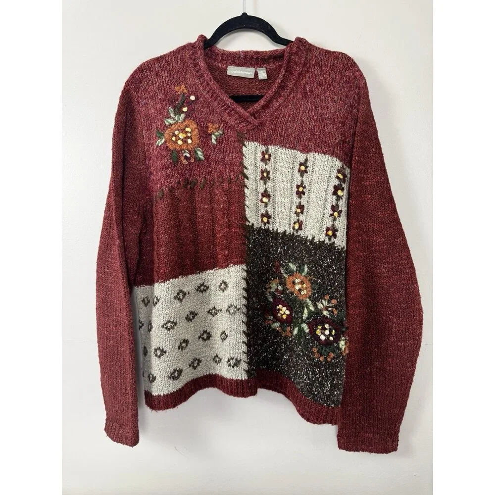 VTG Croft Barrow XL Embroidered Patchwork Fall Sweater Sunflower Grannycore Knit - Picture 1 of 12
